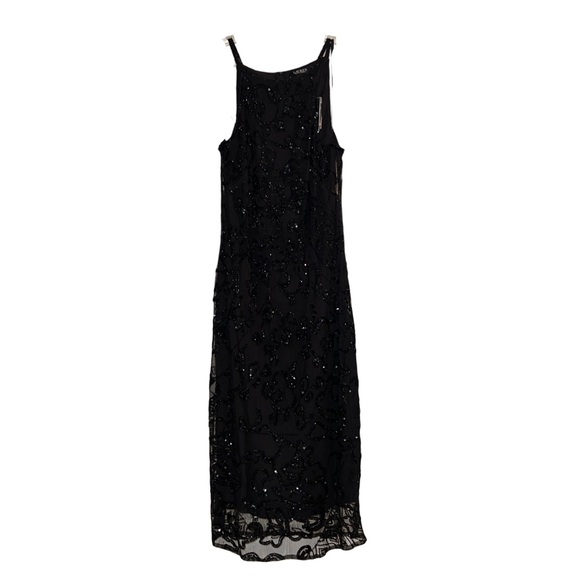 Lauren Ralph Lauren Women's Black Beaded Tulle Halter Cocktail Dress Size 16 - Picture 2 of 9